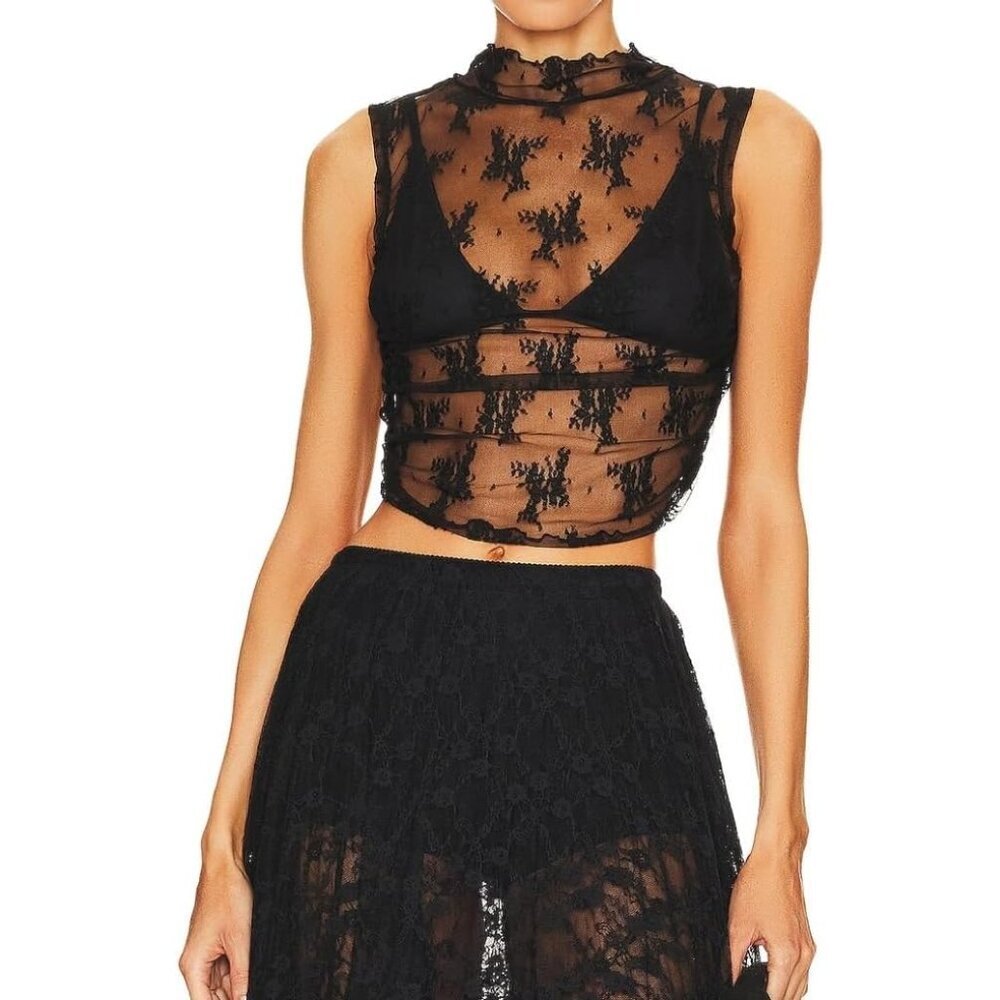 Women Floral Lace Mesh Crop Top Mock Neck Sleeveless Sheer Party Summer - Picture 2 of 6